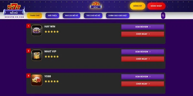 Giao diện trang NOHU FM chơi nổ hũ ăn tiền uy tín