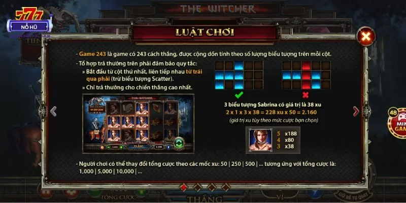 Luật chơi nổ hũ The Witcher hiển thị rõ ràng và chi tiết